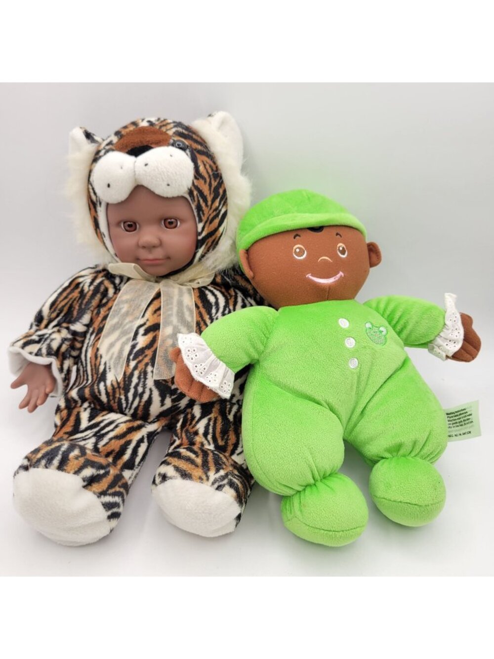 Baby Doll Lot of 2 Plush Dolls Brown - Lakeshore Green Frog & Sugar Loaf Tiger